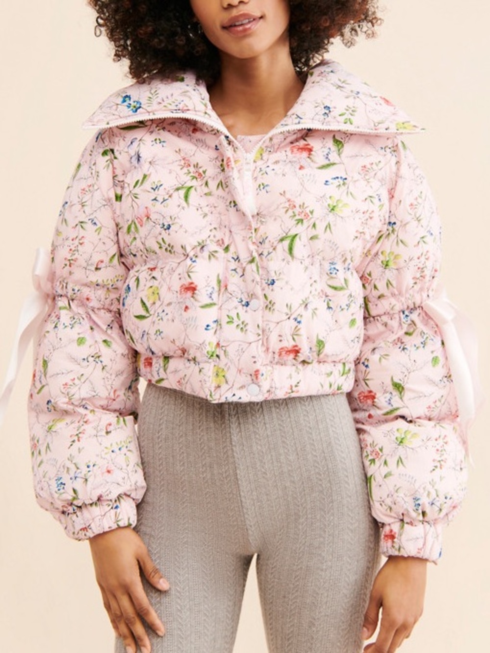 Selkie The Marshmellow Puffer Pink Floral Cropped Coquette Puff Sleeve Coat M